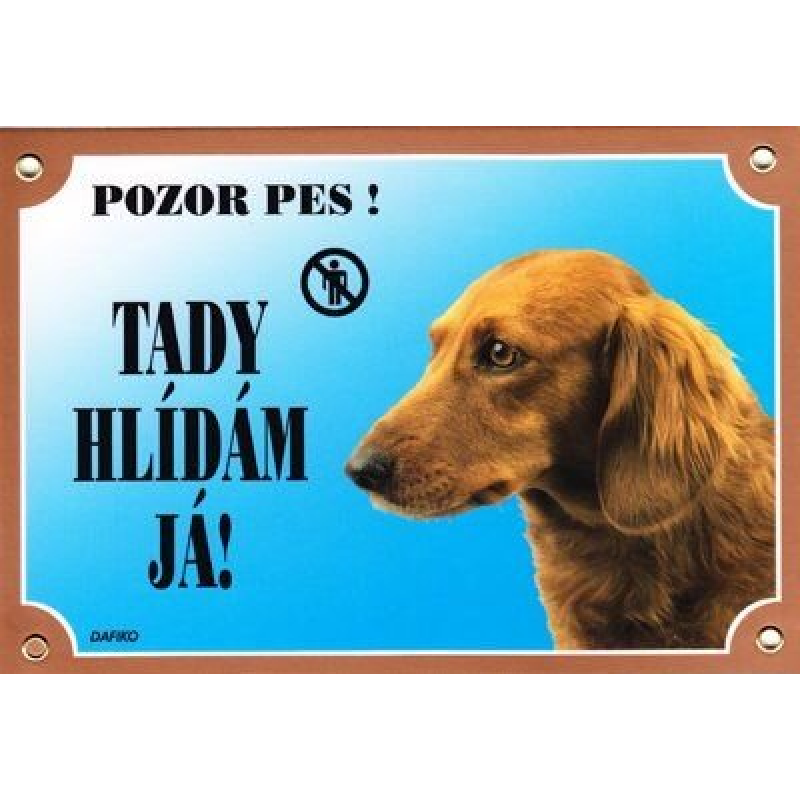 Kolorowy znak Uważaj, psie, Jamnik długowłosy (tekst w języku czeskim)