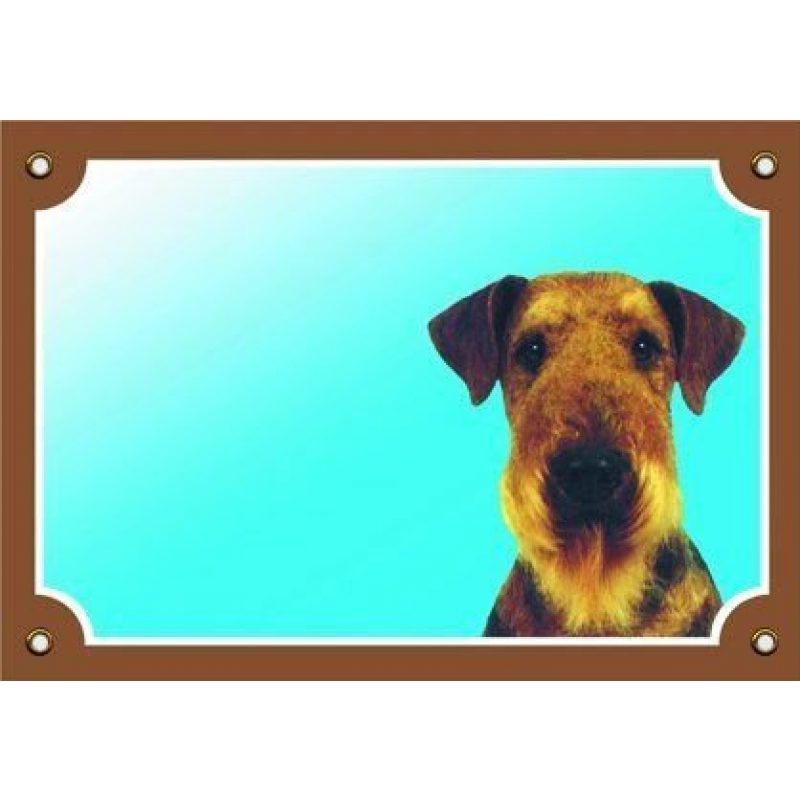 Kolorowy znak Uważaj, psie, Airedale terrier (tekst w języku czeskim)